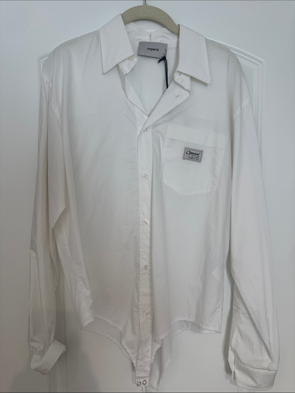 Coperni White Women’s Button-Down Body Suit Shirt with Chest Patch